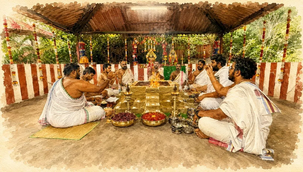 Priests seated around the fire altar at AstroBhava's Yagna Ashram, mid-homa