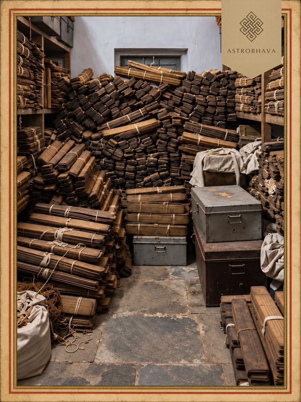 Agasthiya Nadi Astrology: palm-leaf manuscript bundles heaped high beside metal trunks in a leaf archive