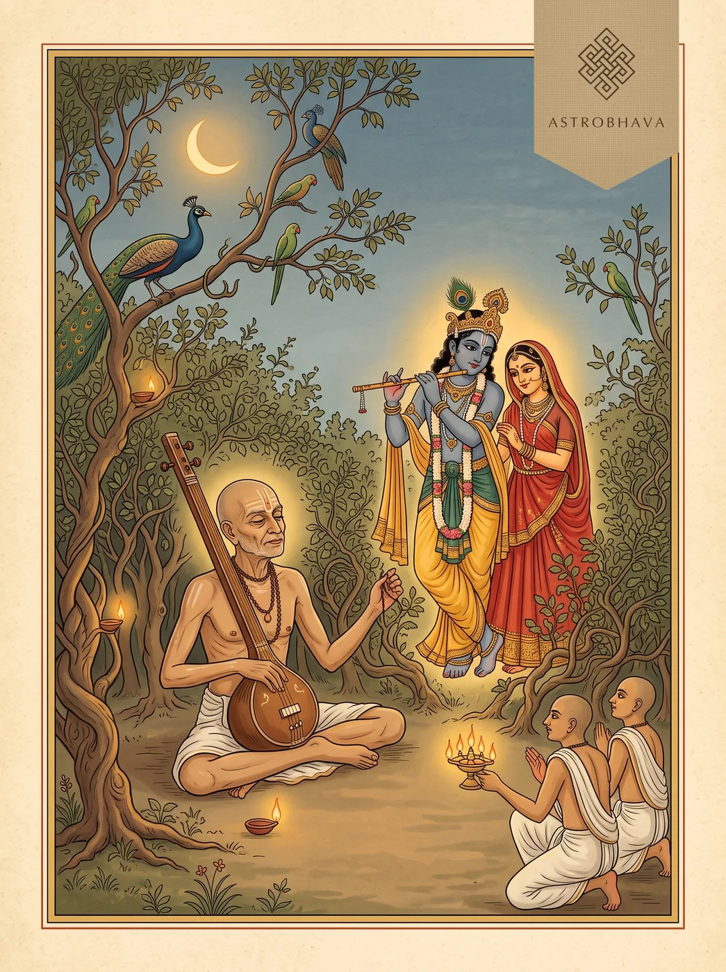 Aarti Kunj Bihari Ki: Swami Haridas singing with his tanpura in Nidhivan as Radha and Krishna appear at dusk