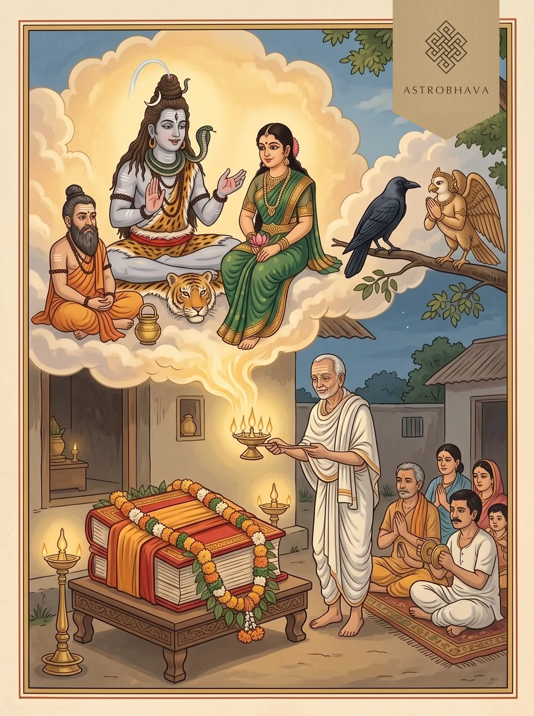 Aarti Shri Ramayan Ji Ki: a devotee waving the aarti lamp before the wrapped Ramayana as Shiva, Parvati, Agastya and Garuda look on