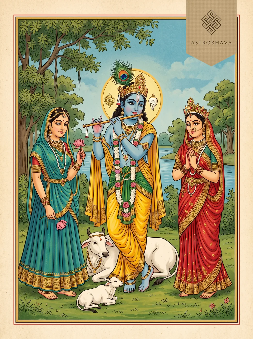 Achyutashtakam (Achyutam Keshavam): Lord Krishna playing the flute between Radha and Rukmini, a cow and calf at his feet