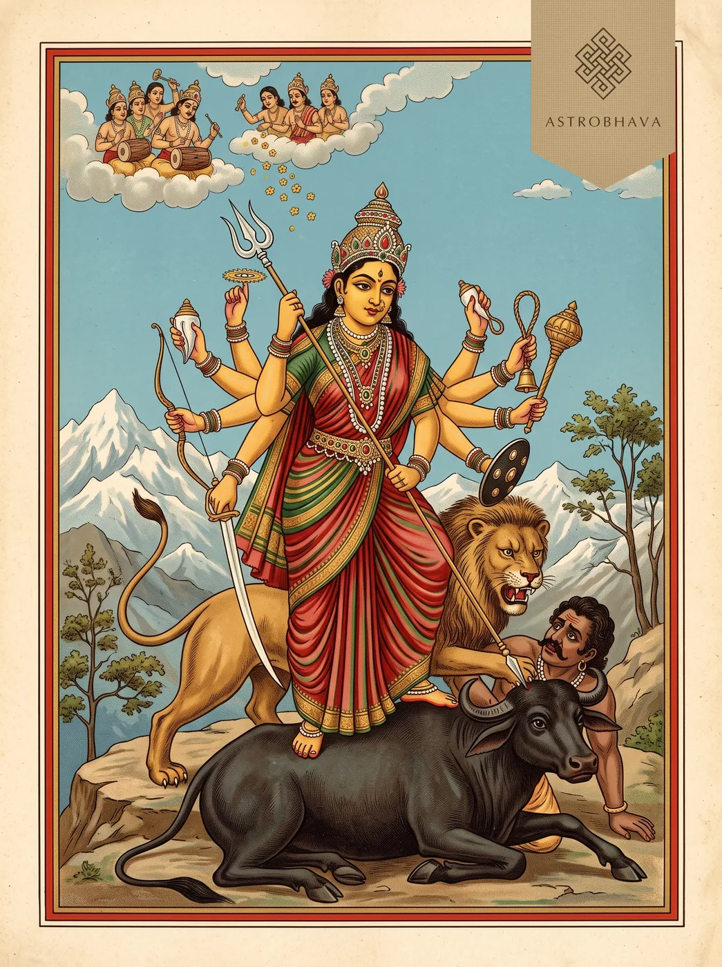 Mahishasura Mardini Stotram (Aigiri Nandini): ten-armed Goddess Durga on her lion slaying Mahishasura on a Himalayan peak