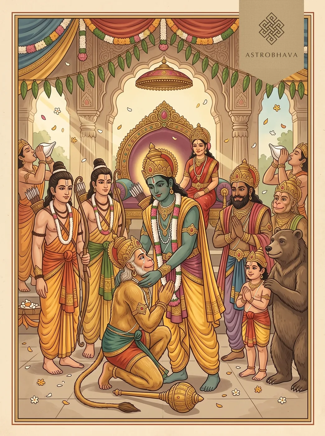Anjaneya Dandakam: Rama rising from his coronation throne to embrace the kneeling Hanuman as Sita and the court look on