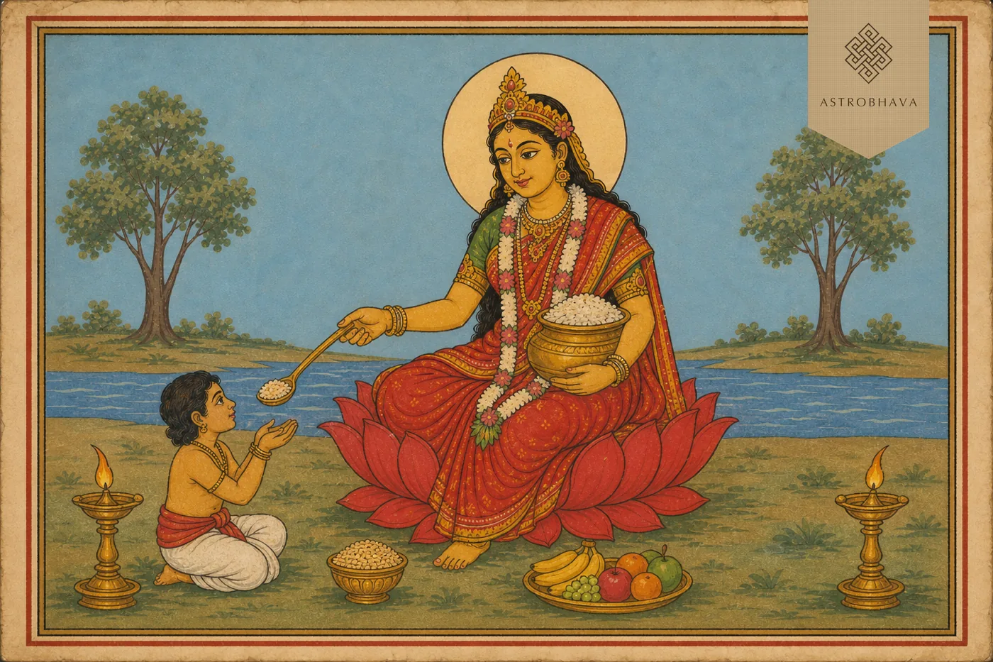 Vintage Indian devotional illustration of Annapoorna Devi holding a rice vessel and serving ladle while blessing a child devotee