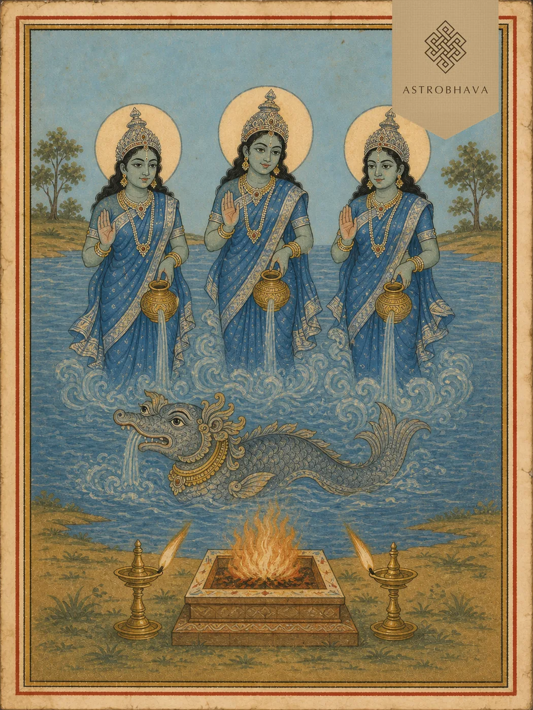 Vintage devotional illustration of three Apas water goddesses with pots and one makara for Purva Ashadha Nakshatra Homa