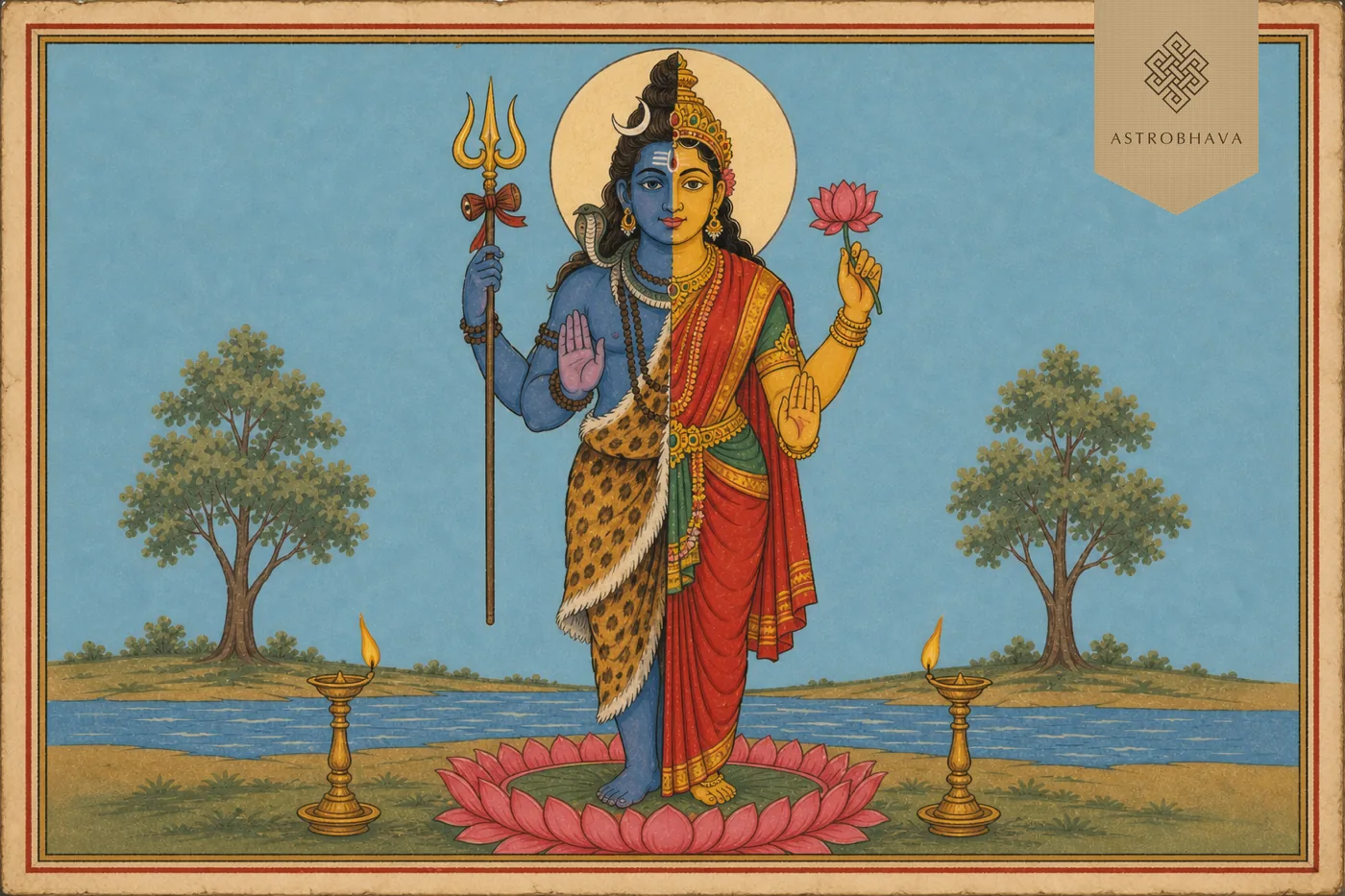Vintage Indian devotional illustration of the unified Ardhanarishwara form divided into Shiva and Parvathi halves with trident, lotus and blessing gestures