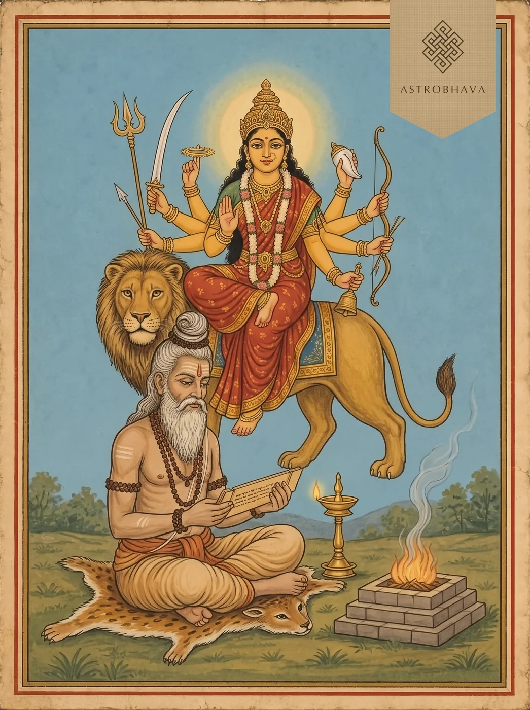 Argala Stotram: sage Markandeya reciting from palm leaves as eight-armed Goddess Chandika appears on her lion