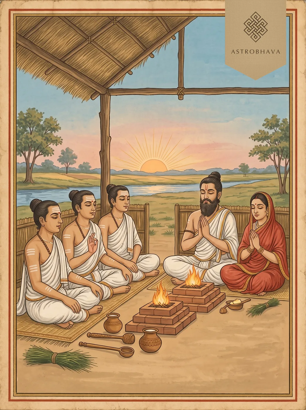 Asato Ma Sadgamaya Mantra: Vedic Soma sacrifice at dawn, the patron praying as Sama Veda priests chant by the fire altars