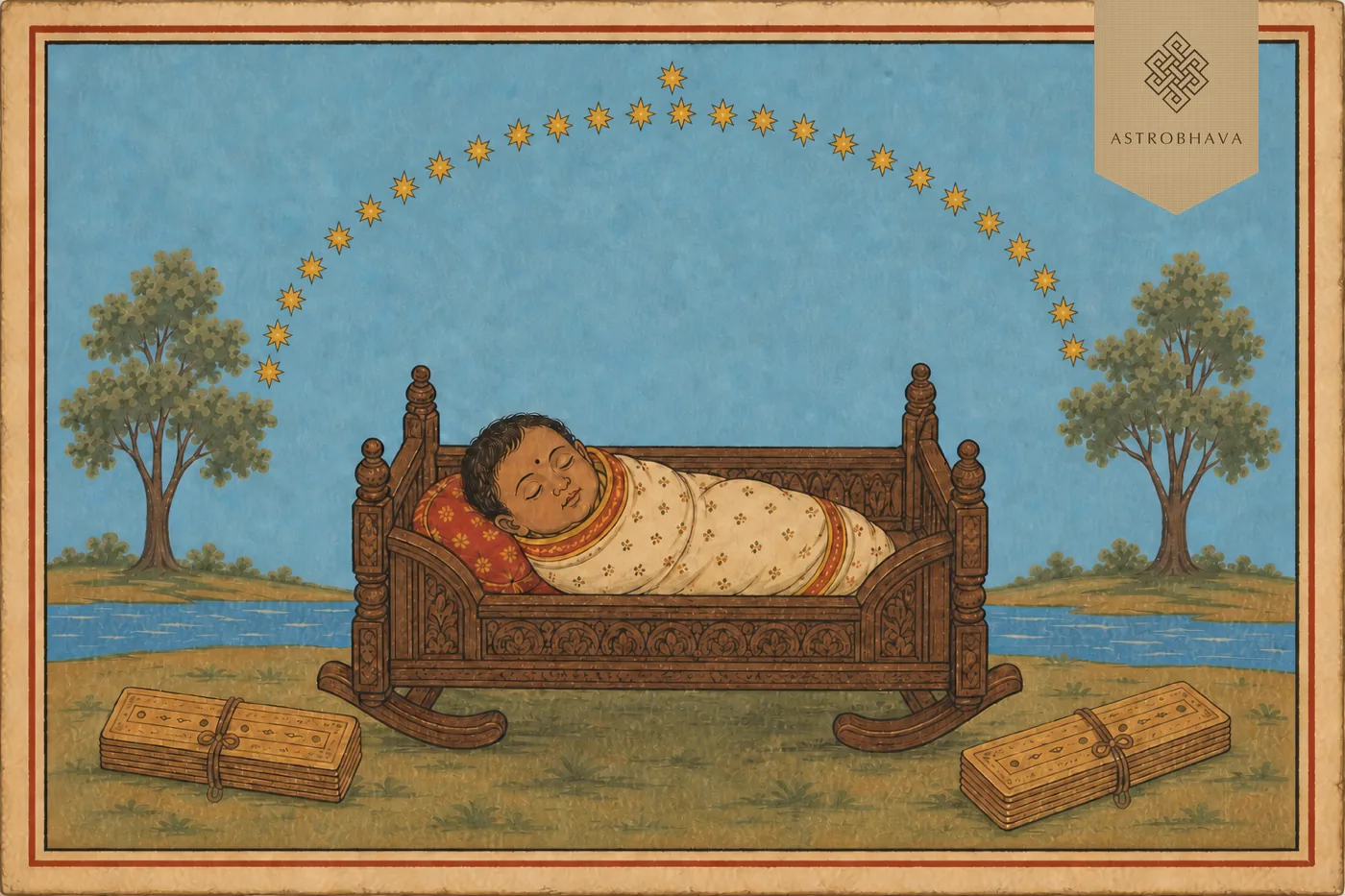 Vintage Indian illustration of a sleeping baby in a carved cradle beneath 27 nakshatra stars with palm-leaf manuscripts