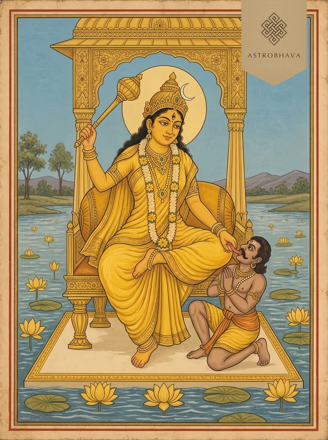 Bagalamukhi Mantra (Baglamukhi): yellow-clad Goddess Bagalamukhi on a golden throne holding a demon's tongue and a mace