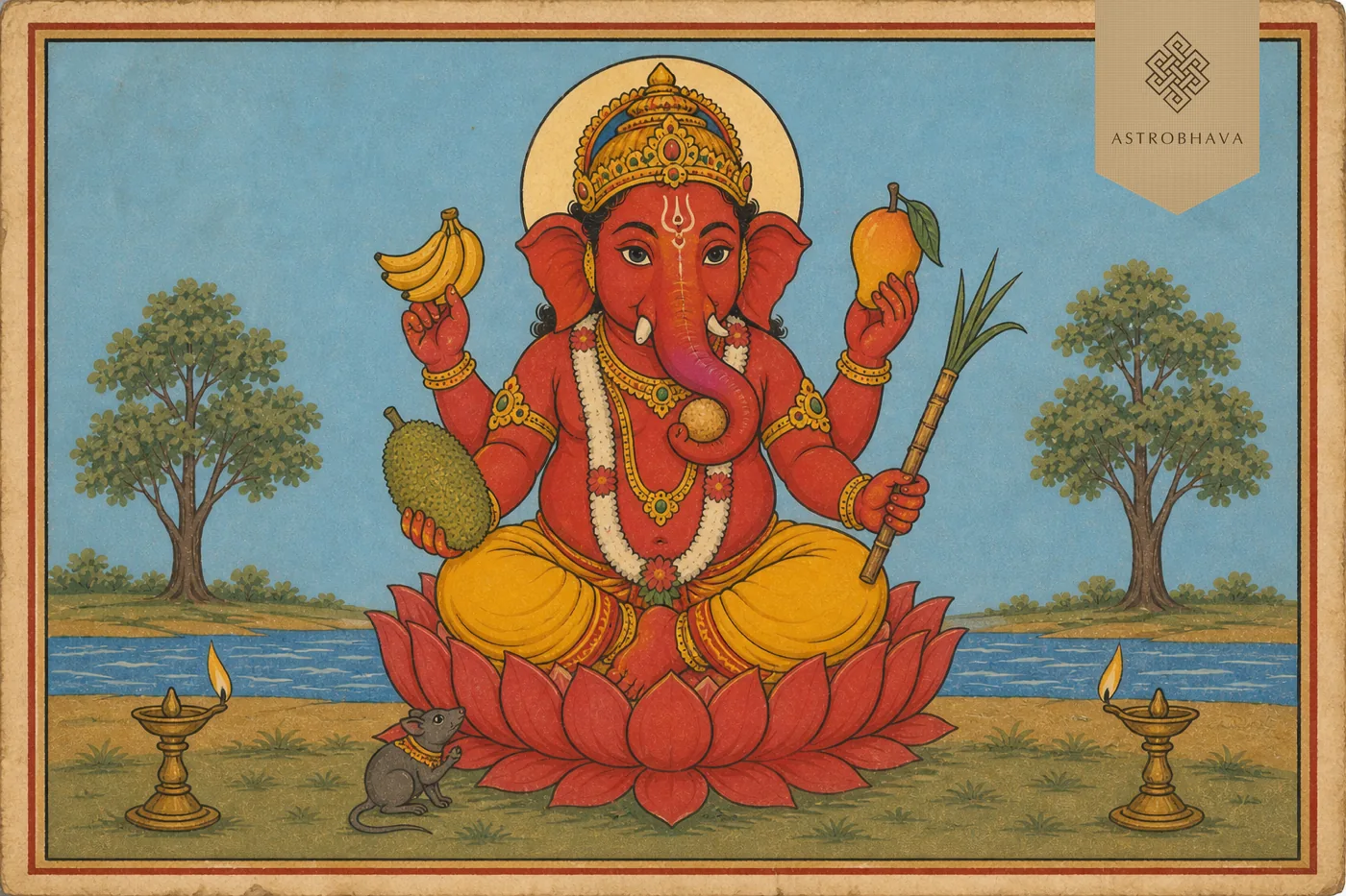 Vintage Indian devotional illustration of child-form red Bala Ganapathi holding banana, mango, jackfruit and sugarcane