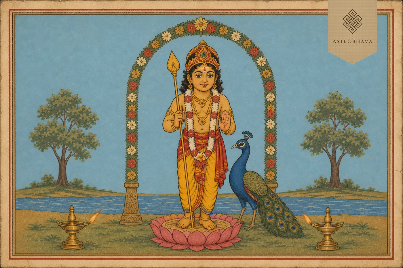 Vintage Indian devotional illustration of child-form Bala Murugan holding the vel beside one Indian peacock