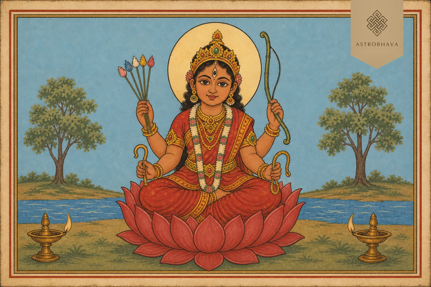 Vintage Indian devotional illustration of child-form Bala Tripura Sundari with sugarcane bow, five flower arrows, noose and goad