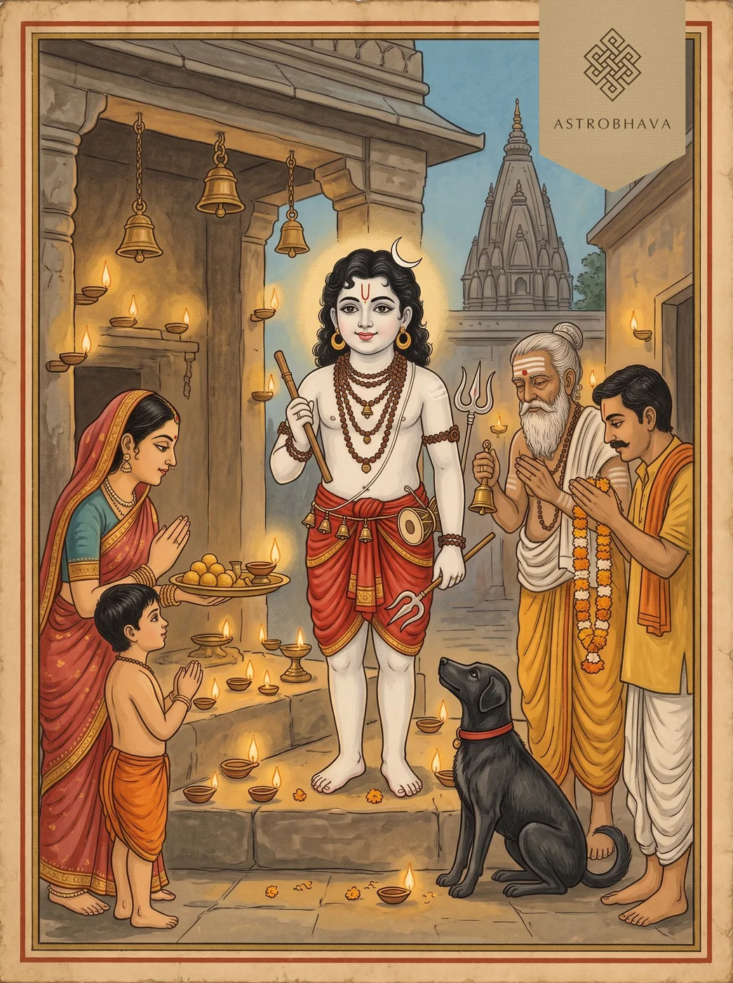 Batuk Bhairav Mantra: the boy-god Batuk Bhairava with staff and black dog in a lamplit Varanasi shrine as devotees offer sweets