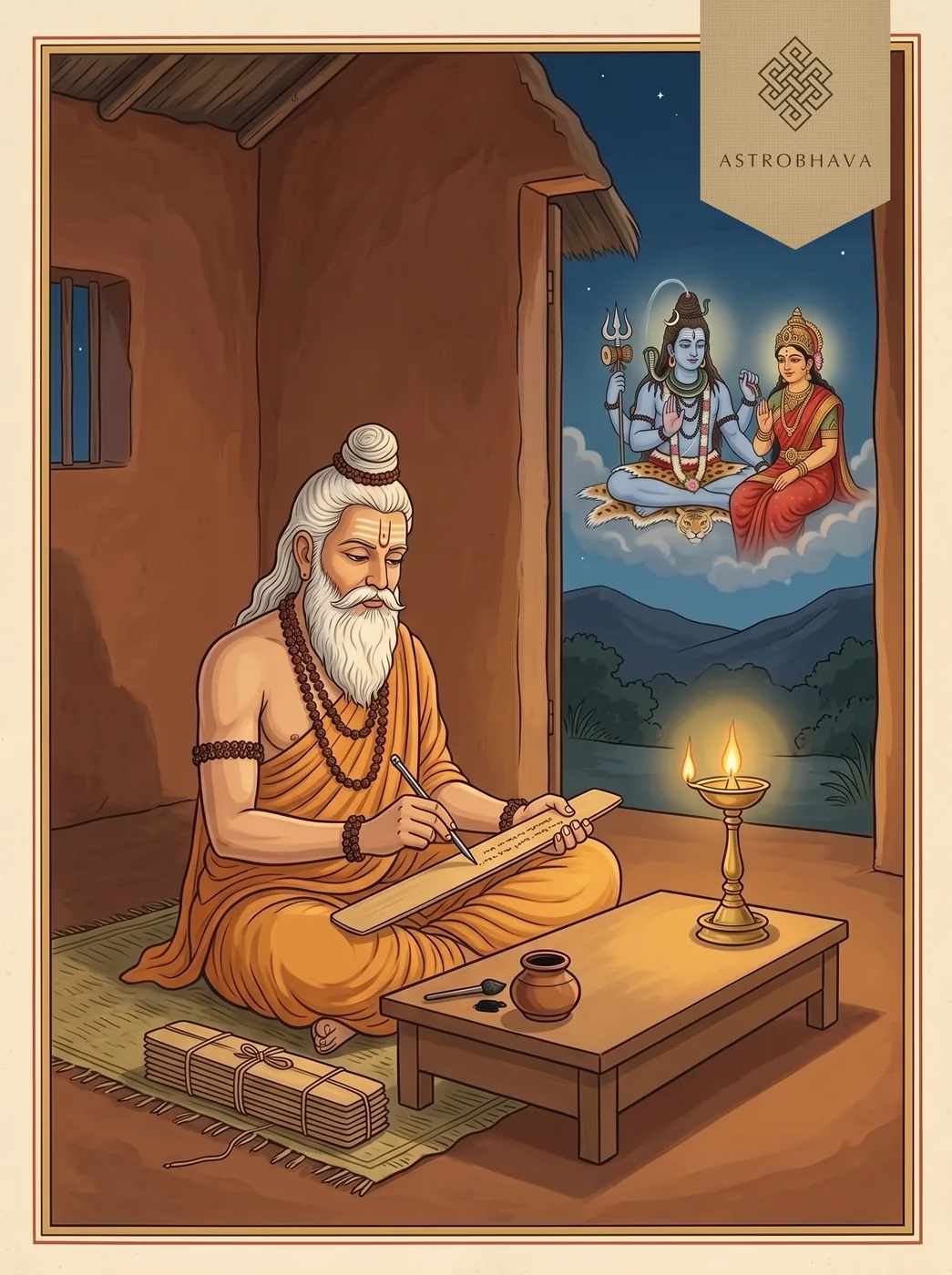 Beej Mantra List: a sage inscribing palm leaves by an oil lamp at night, with Shiva and the Goddess faintly seen in the sky outside
