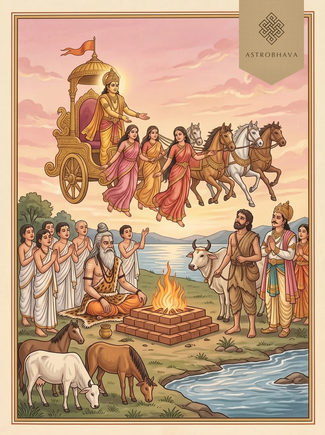 Bhagya Suktam: the seer Vasishtha calling on Bhaga at the dawn fire as the Dawns draw his golden chariot across the sky