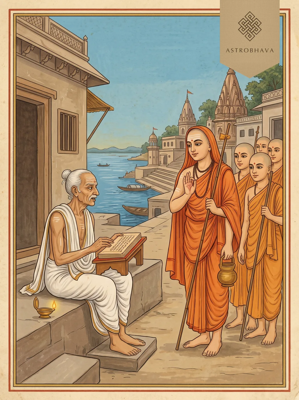 Bhaja Govindam: Adi Shankaracharya and disciples stopping beside an old grammarian reciting palm leaves in Kashi