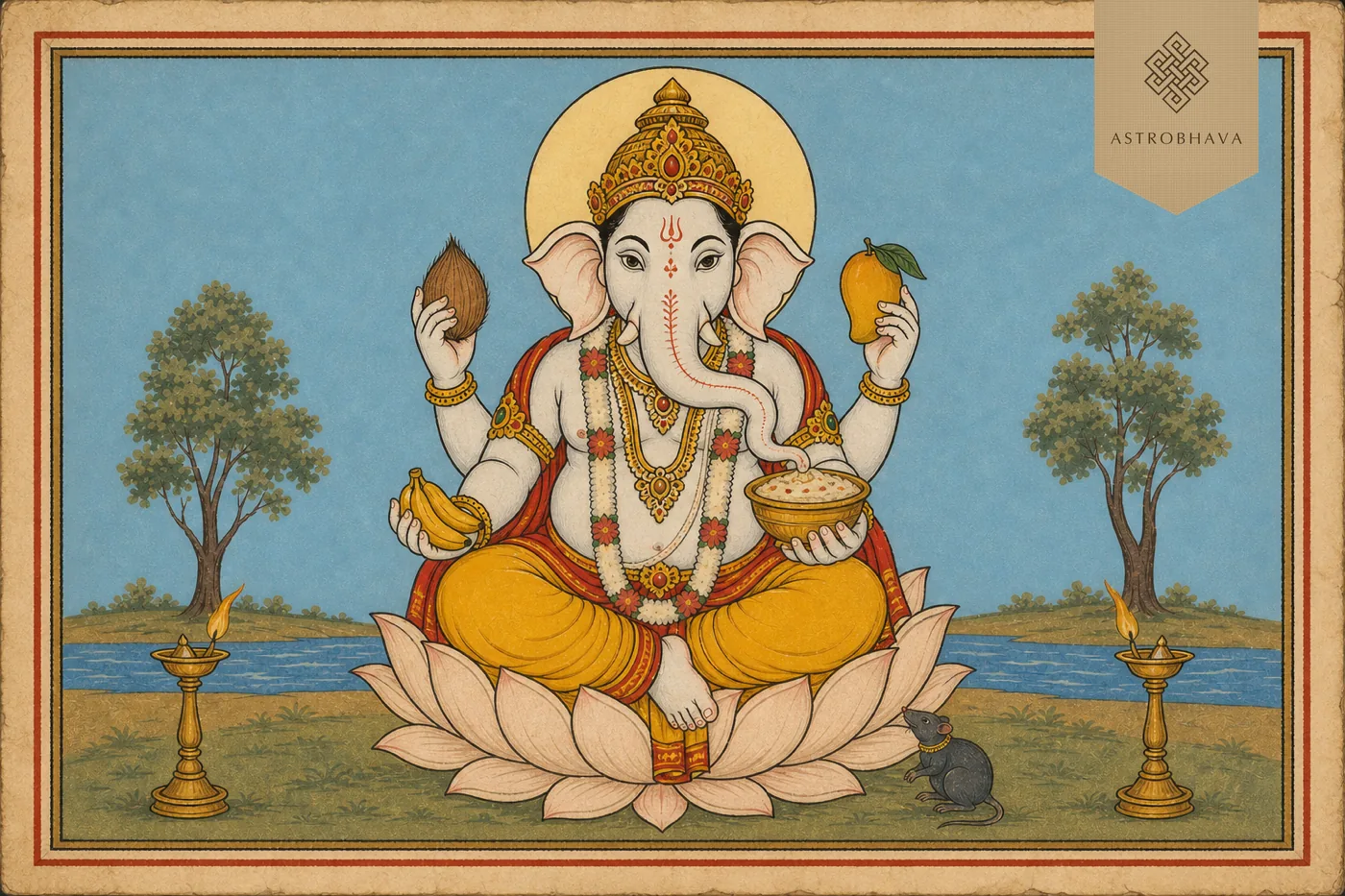 Vintage Indian devotional illustration of white four-armed Bhakti Ganapathi holding coconut, mango, bananas and sweet payasam