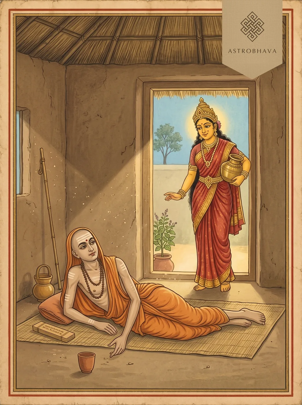 Bhavani Ashtakam: Goddess Bhavani with a water pot in a hut doorway as the young Shankaracharya lies ill