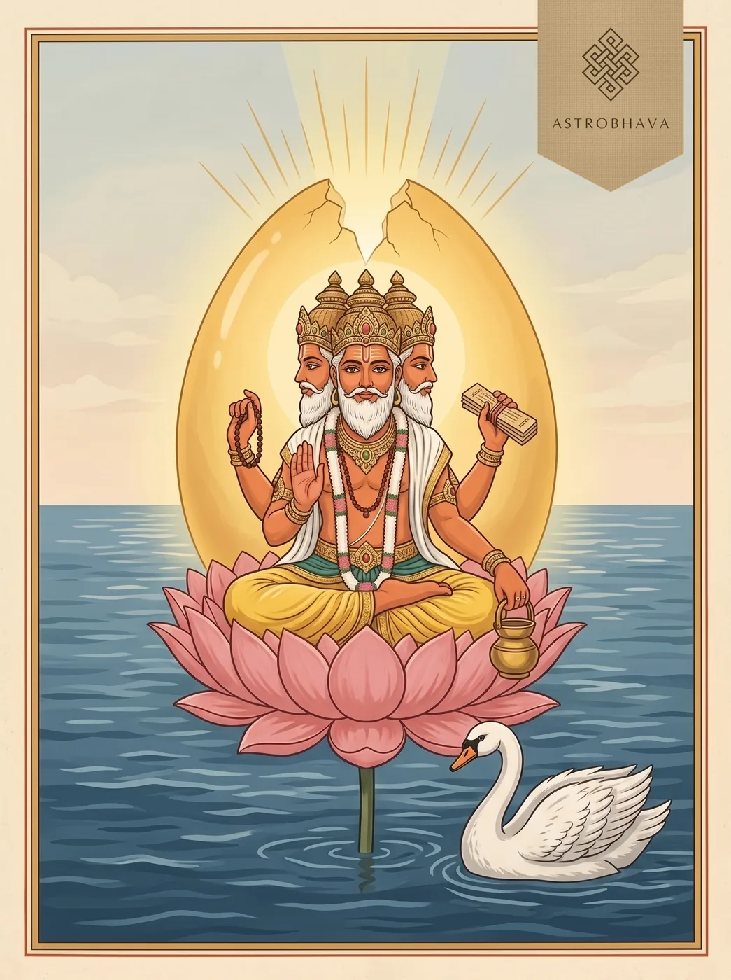 Brahma Mantra: four-faced Brahma on a lotus before the glowing golden egg, holding rosary, palm-leaf Vedas and water pot, his swan beside him