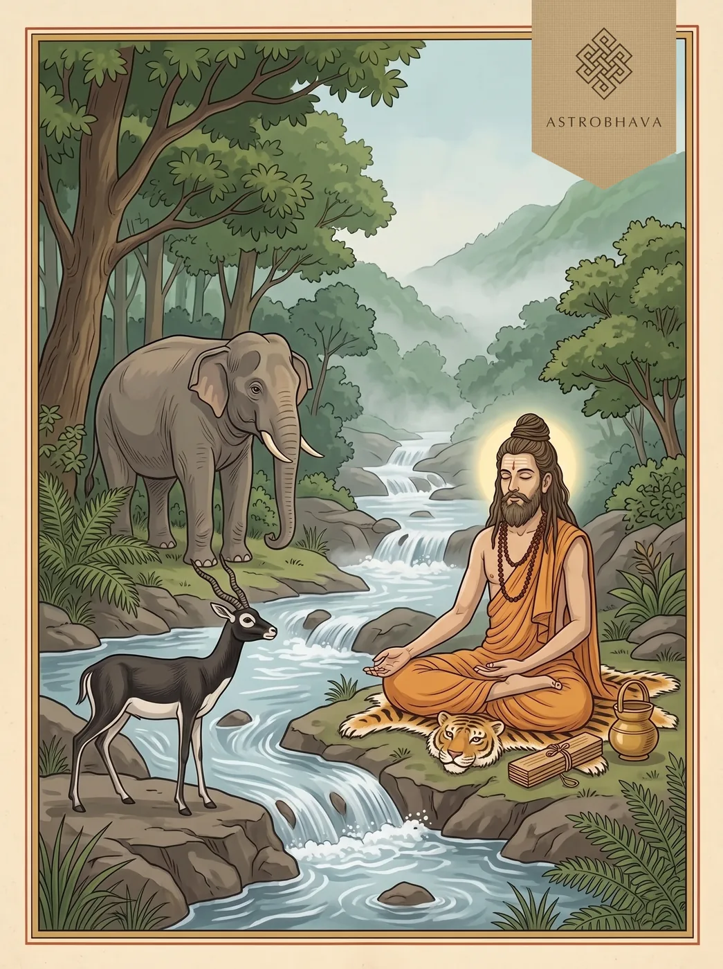 Chakra Beej Mantras: a yogi in ochre meditating by a forest stream in the Assam hills as an elephant and black antelope look on