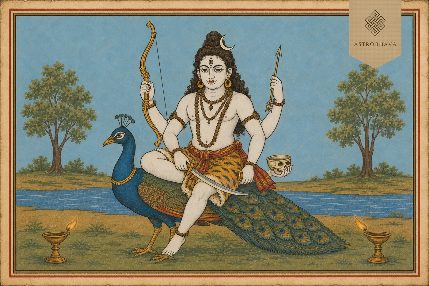 Vintage Indian devotional illustration of white Chanda Bhairava with bow, arrow, sword and ritual bowl seated on a peacock mount