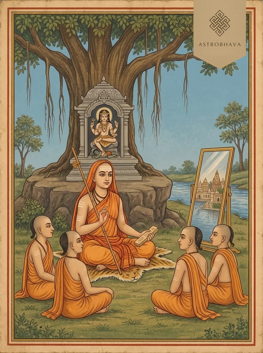 Dakshinamurthy Stotram: Adi Shankara teaching disciples before a Dakshinamurthy shrine under a banyan, a mirror beside