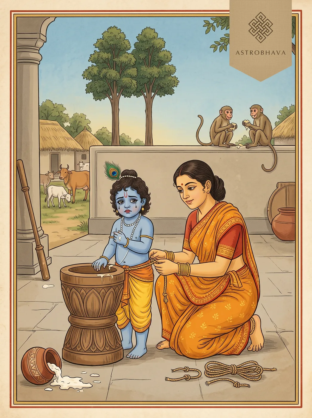 Damodarashtakam: Yashoda tying the tearful child Krishna to a wooden mortar in Gokula, a broken curd pot nearby