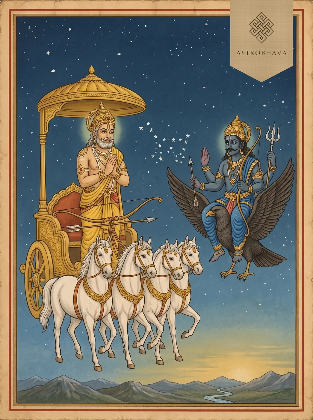 Dasharatha Shani Stotra (Dashrath Krit Shani Stotra): King Dasharatha praising four-armed Shani on his vulture