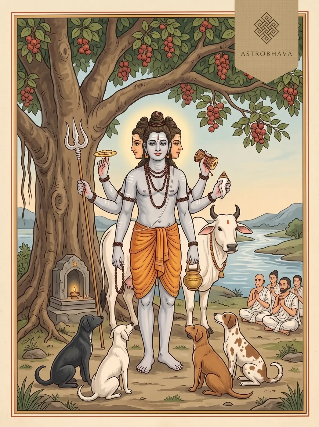 Dattatreya Mantra: three-headed, six-armed Dattatreya beneath the audumbara tree, a white cow behind him and four dogs at his feet
