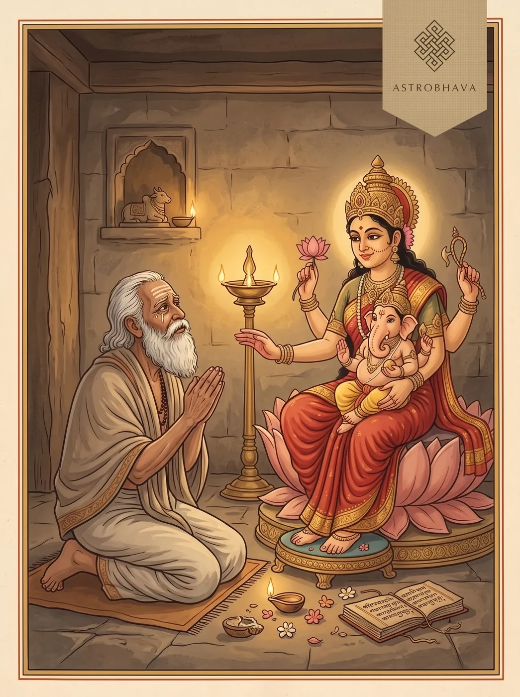 Devi Aparadha Kshamapana Stotram: the Mother, child Ganesha on her lap, reaching out to an aged devotee asking pardon