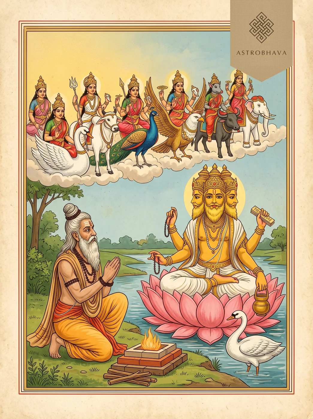 Devi Kavacham (Durga Kavacham): sage Markandeya kneeling before four-headed Brahma as the Mother goddesses ride above