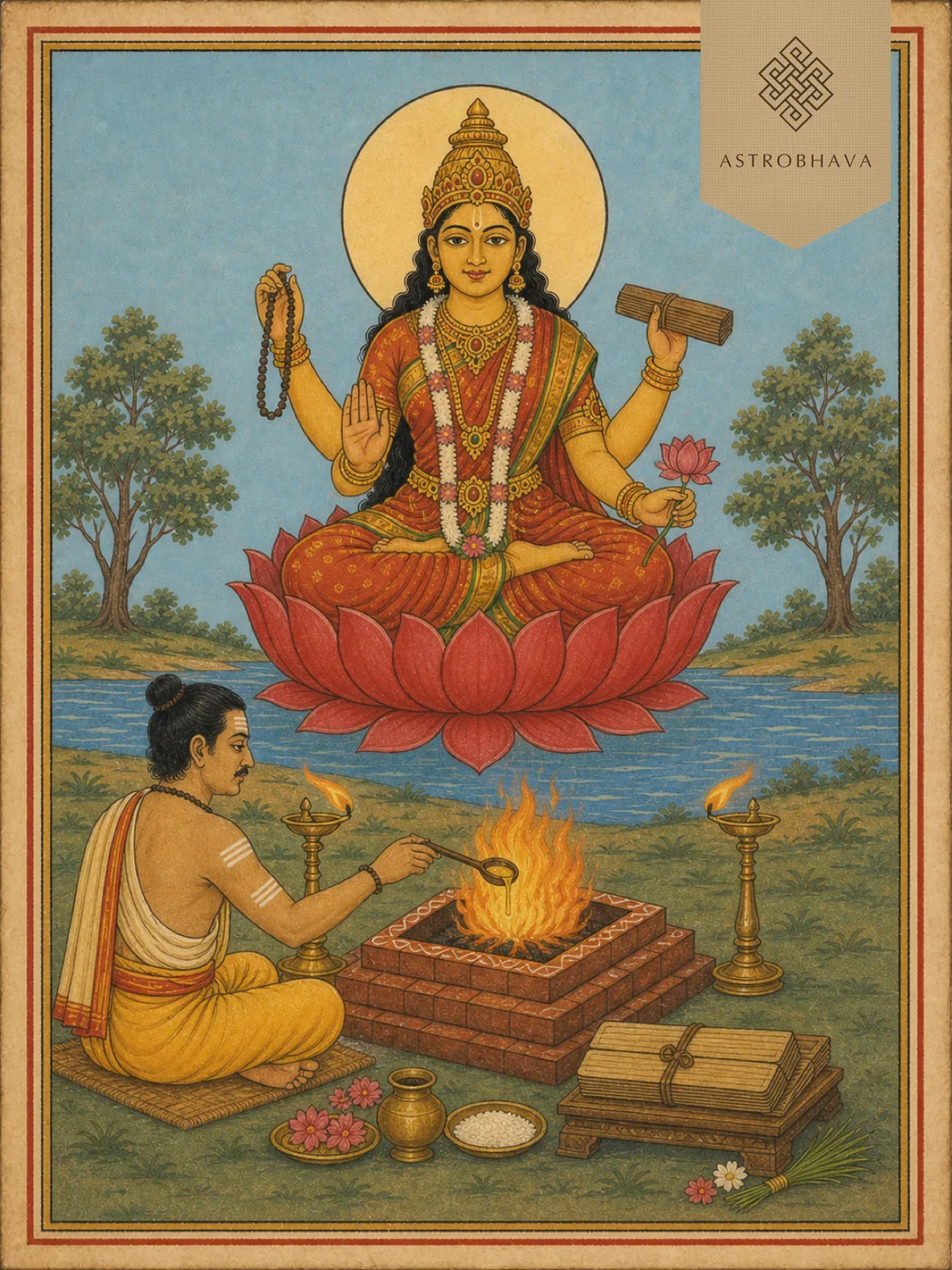 Vintage devotional illustration of four-armed Vedic Devi holding a mala, manuscript and lotus for Devi Sukta Homa