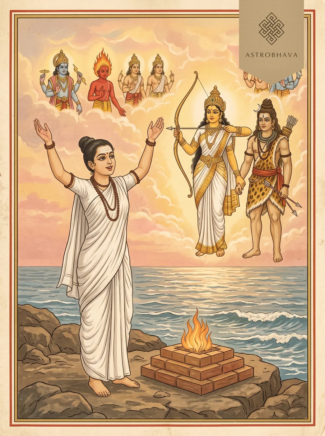 Devi Suktam: seeress Vak Ambhrini chanting on a seashore as the goddess of Speech rises from the ocean