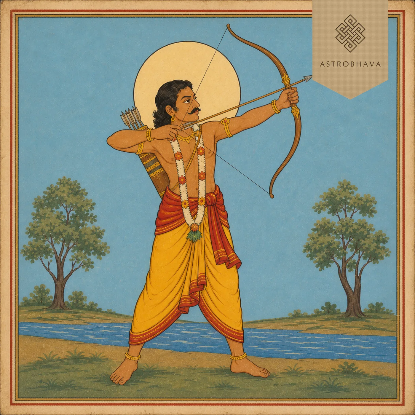 Vintage Indian devotional-calendar illustration of the Dhanu Sagittarius Indian archer drawing a bow beside a river