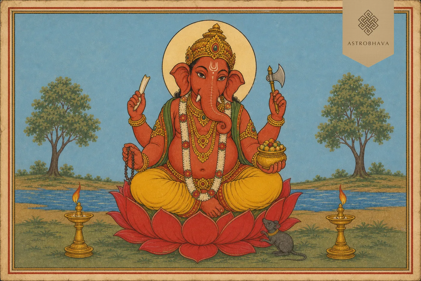 Vintage Indian devotional illustration of red four-armed Dhundhi Ganapathi holding tusk, rosary, hatchet and jewel pot