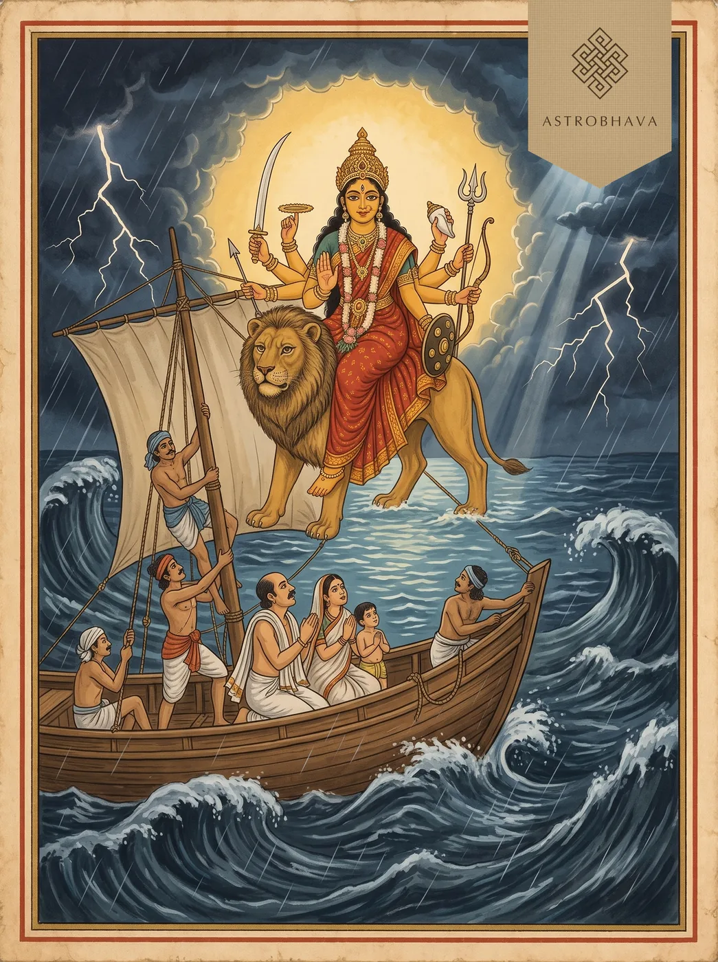 Durga Apaduddharaka Stotram: eight-armed Durga on her lion over a stormy sea protecting a family on a sailing ship