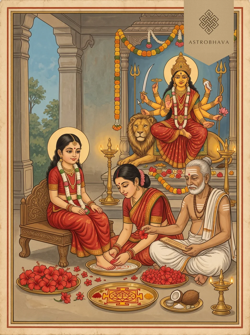 Durga Ashtottara Shatanamavali (108 Names of Durga): Navaratri kumari puja before eight-armed Durga on her lion