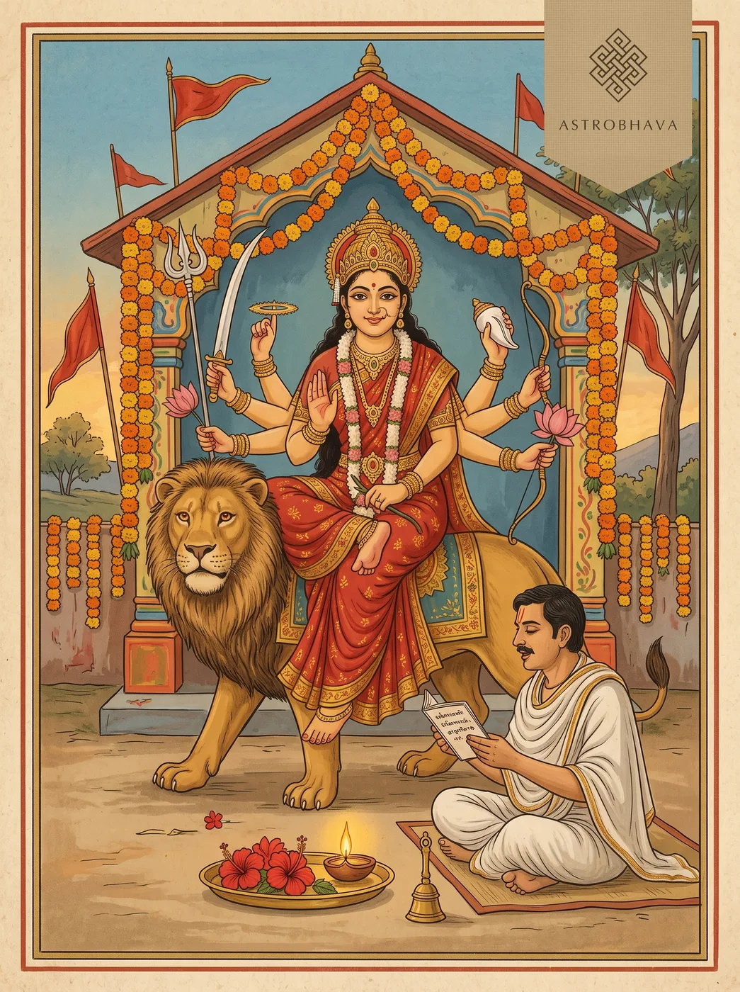 Durga Chalisa: eight-armed Goddess Ambe on her lion in a village shrine as a devotee sings with a lamp
