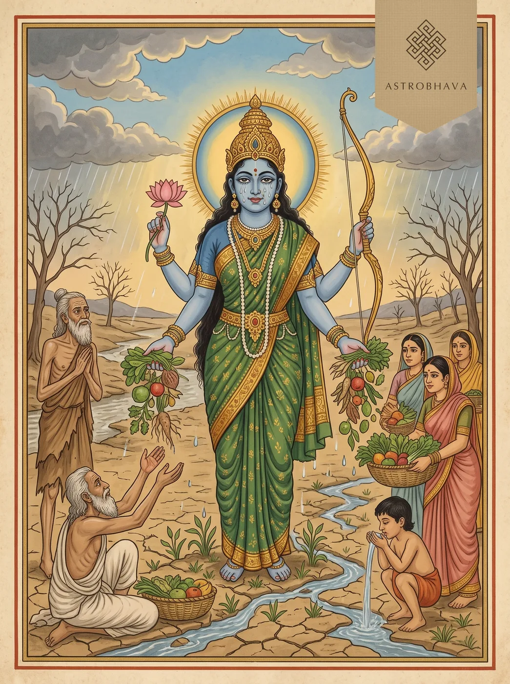 Durga Dwatrimshat Namavali (32 Names of Durga): blue goddess Shakambhari feeding starving people as her tears fall as rain
