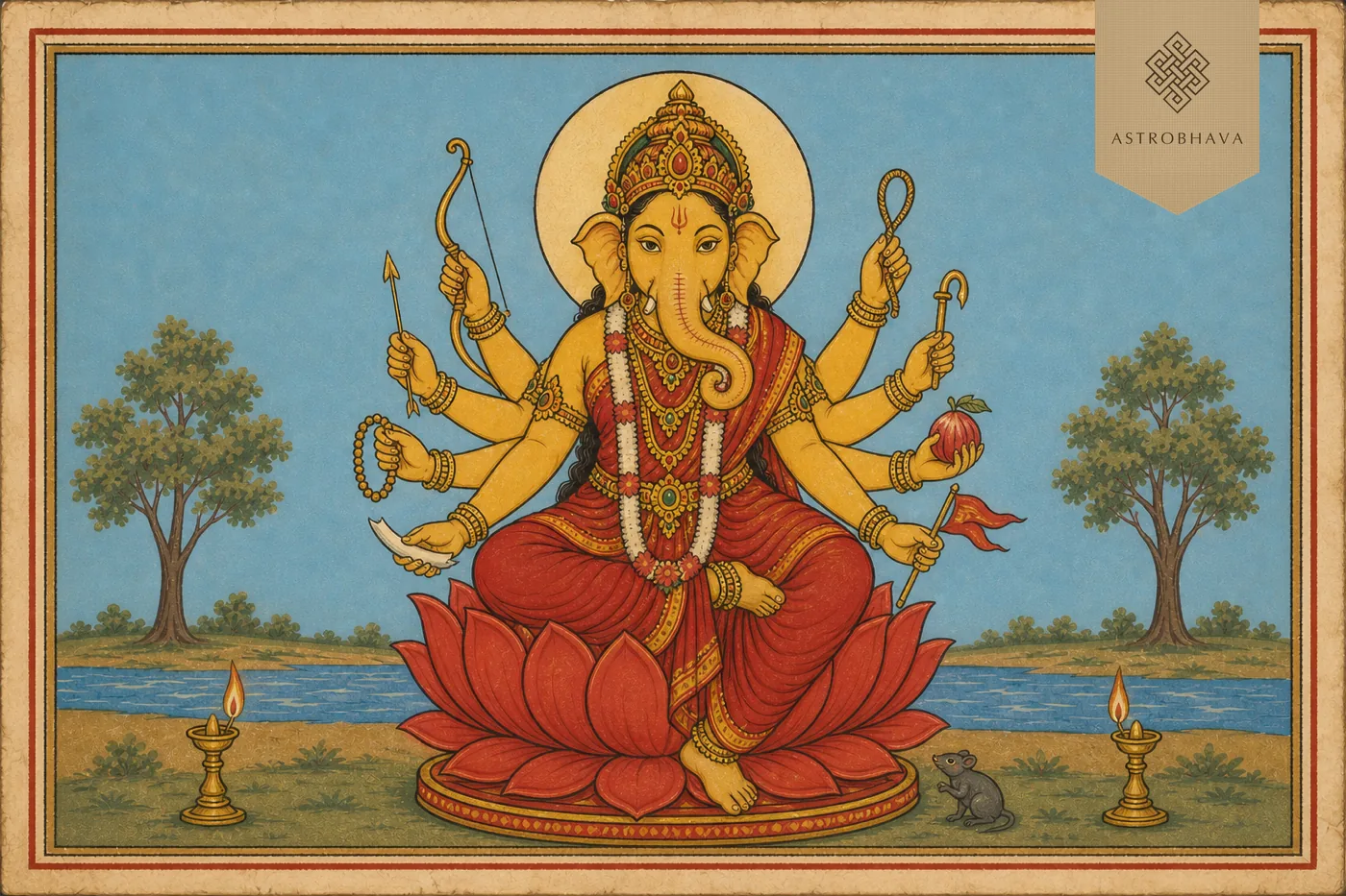 Vintage Indian devotional illustration of golden eight-armed Durga Ganapathi in red garments holding bow, arrow, noose, goad and victory attributes