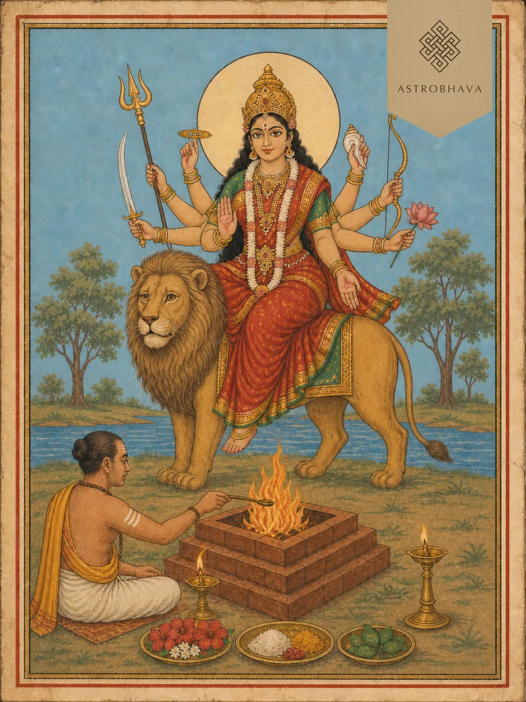 Vintage devotional illustration of eight-armed Goddess Durga seated on a lion above a sacred Homa fire