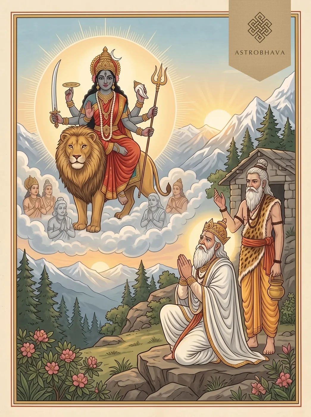Durga Sahasranamam: dark Durga on her lion with conch, discus, sword and trident appearing before the kneeling mountain king Himavan