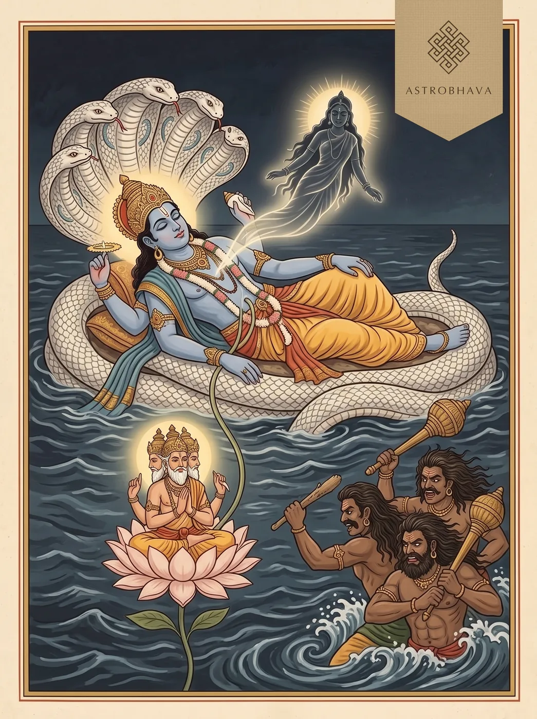 Durga Saptashati Chapter 1: Brahma on the lotus praising Yoga Nidra as she leaves sleeping Vishnu, Madhu and Kaitabha rising from the ocean