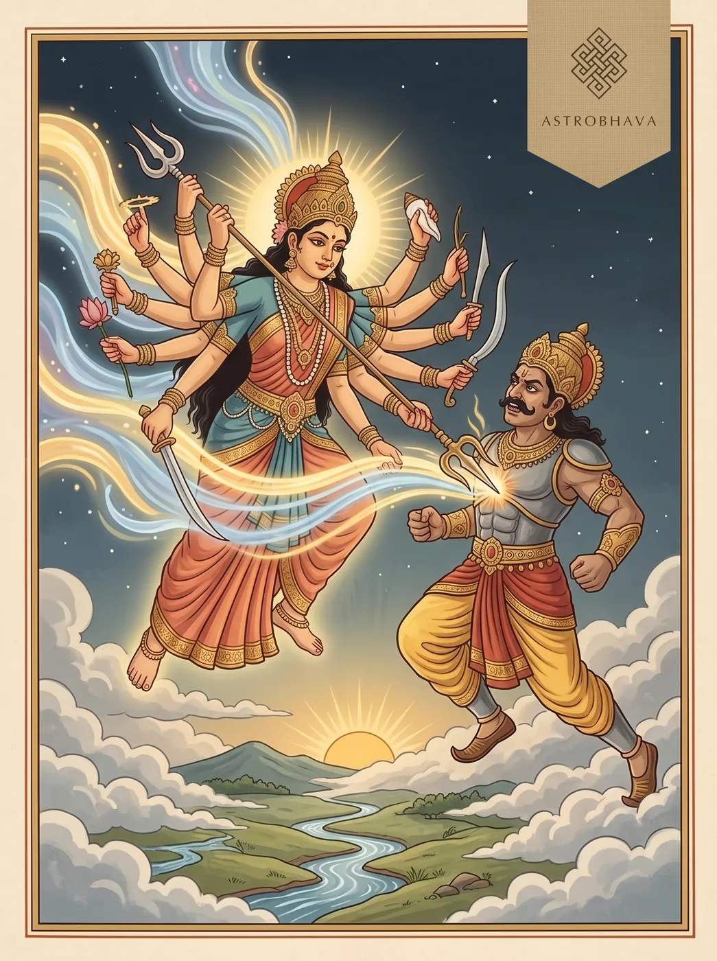 Durga Saptashati Chapter 10: the Goddess drawing the Mothers' light back into herself and striking Shumbha with her trident in the sky