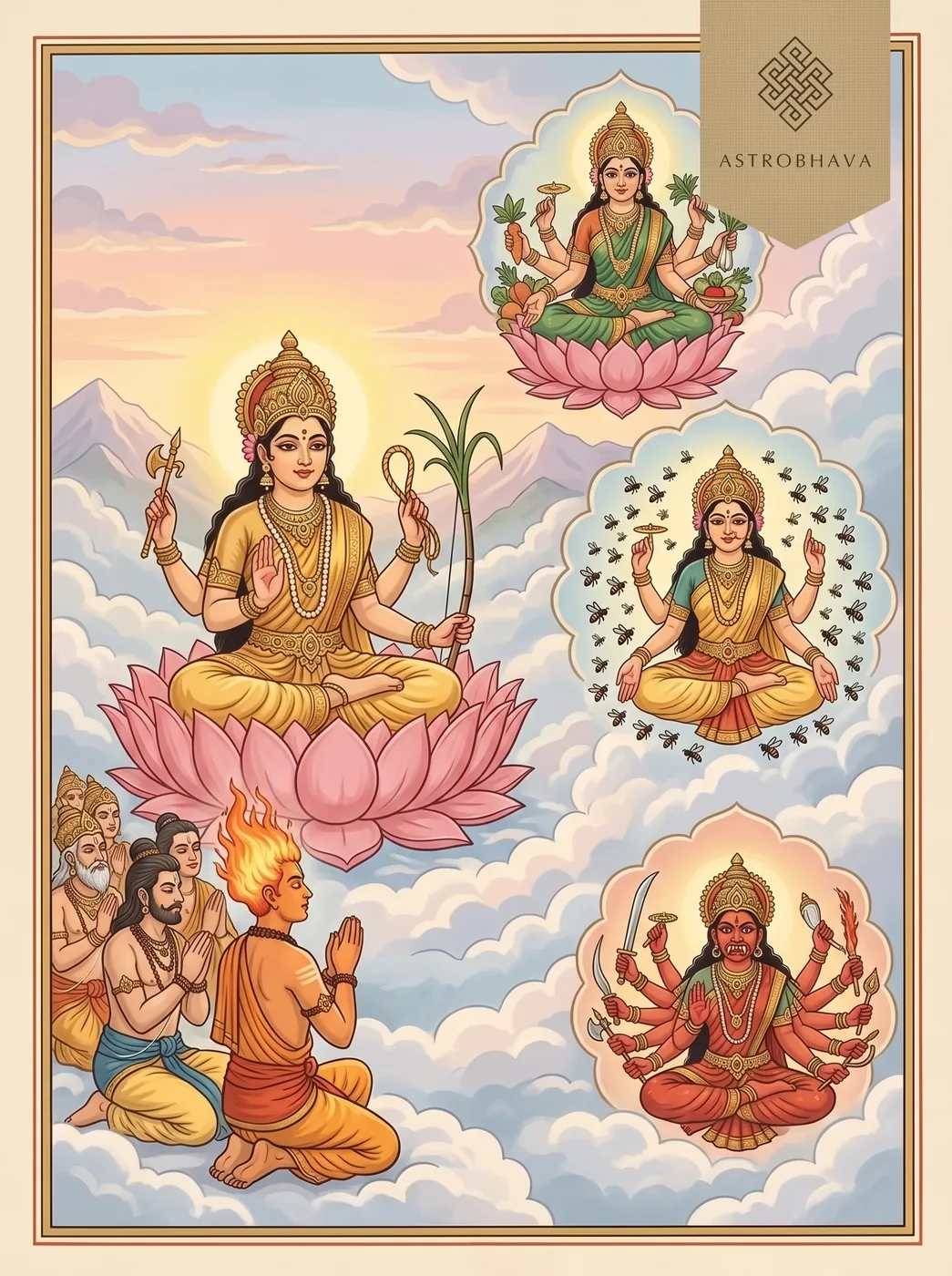 Durga Saptashati Chapter 11: the gods led by Agni praising the Goddess as Narayani, with Shakambhari and Bhramari in visions around her