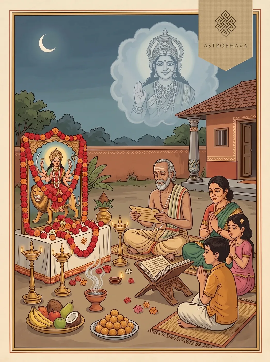 Durga Saptashati Chapter 12: a family reading the text before the Goddess's image at the autumn worship as she blesses them from above