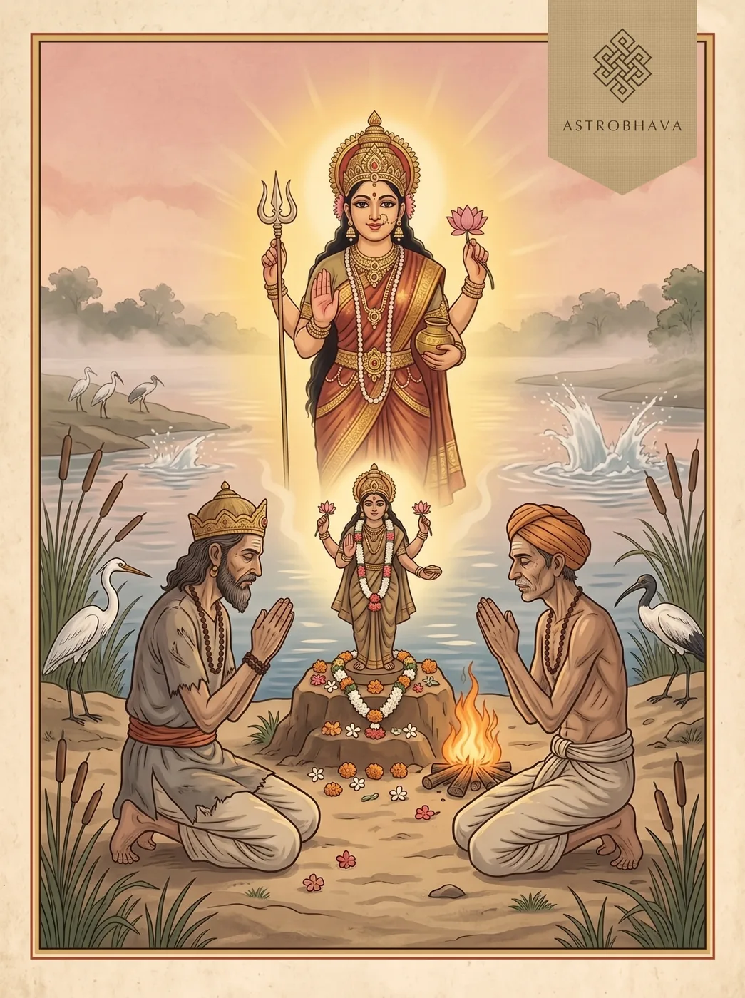 Durga Saptashati Chapter 13: Chandika appearing in light to King Suratha and the merchant as they worship her clay image on a riverbank