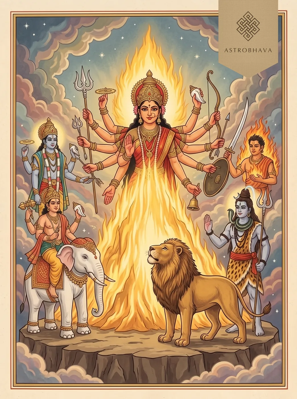 Durga Saptashati Chapter 2: the gods giving their weapons to the eighteen-armed Goddess born from their light, her lion at her feet