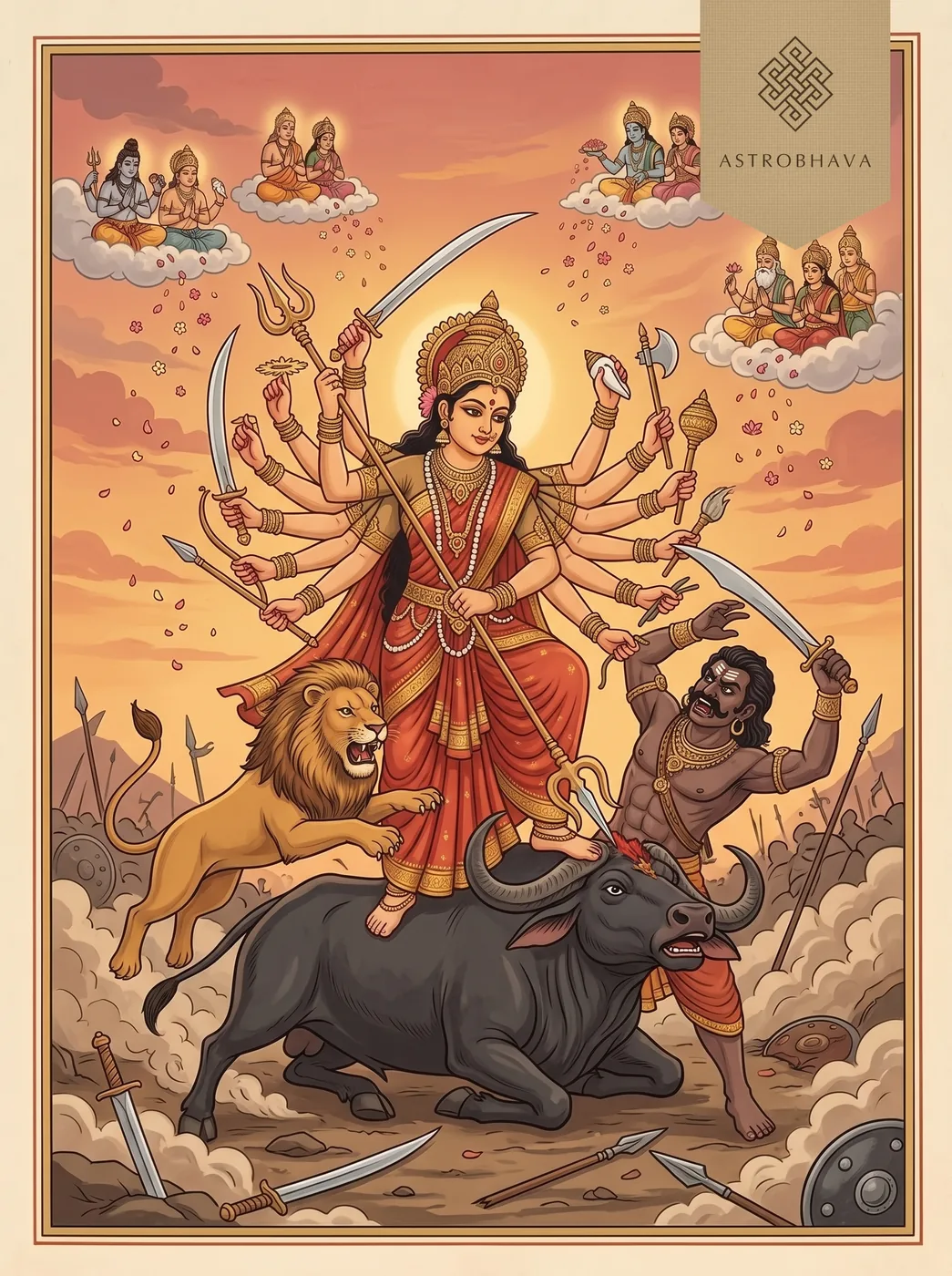 Durga Saptashati Chapter 3: the Goddess standing on the buffalo's neck, striking Mahishasura as he emerges half-formed from its mouth
